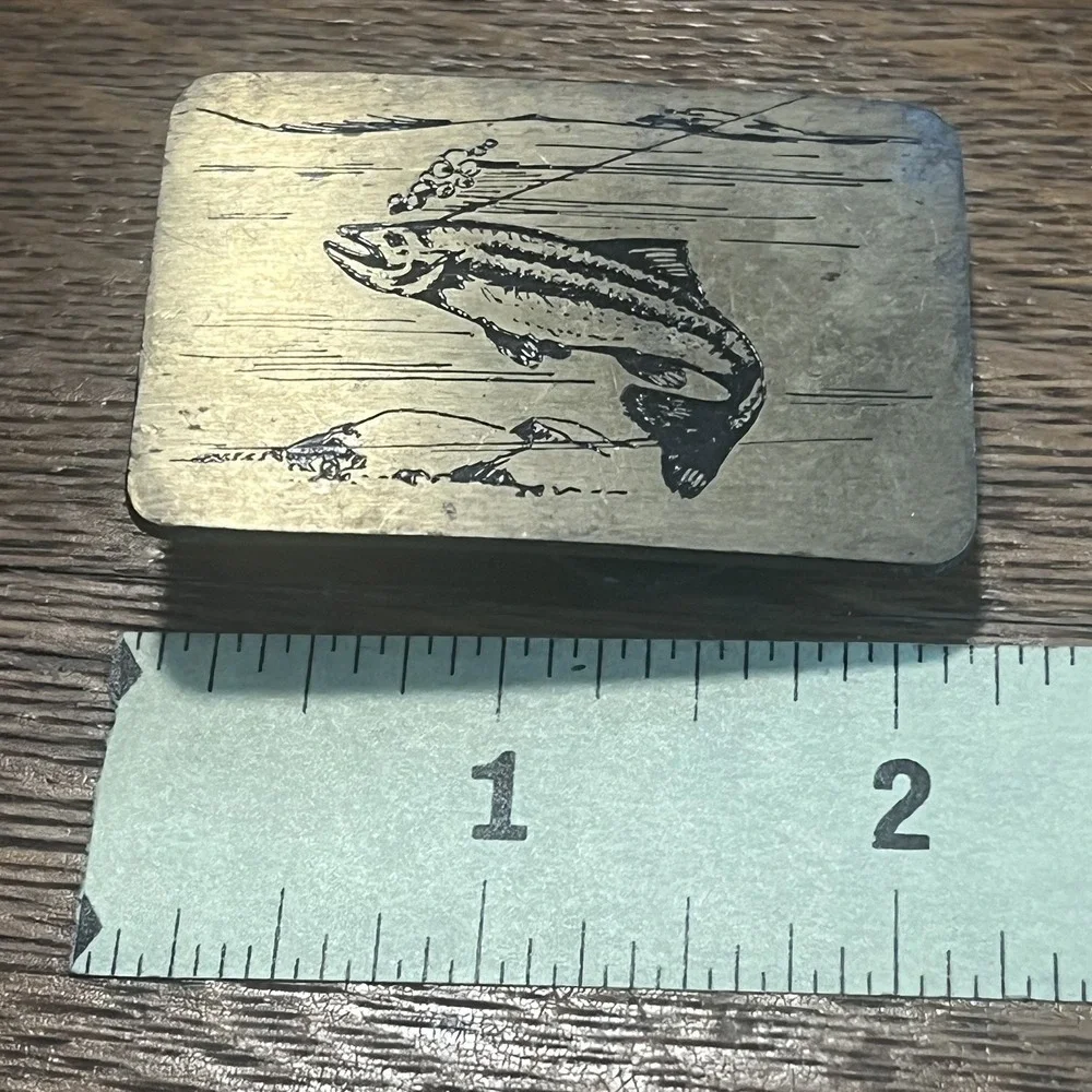 Vintage 1984 NAP Solid Brass Jumping Trout Fisherman Belt Buckle Made in USA